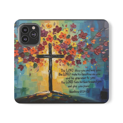 Inspirational Cross Scripture Flip Case – Christian Phone Wallet with Numbers 6:24–26, Faith Gift