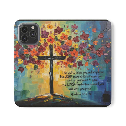 Inspirational Cross Scripture Flip Case – Christian Phone Wallet with Numbers 6:24–26, Faith Gift