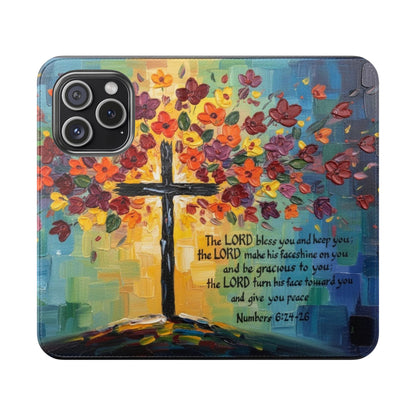 Inspirational Cross Scripture Flip Case – Christian Phone Wallet with Numbers 6:24–26, Faith Gift