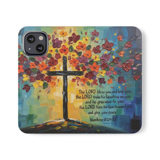 Inspirational Cross Scripture Flip Case – Christian Phone Wallet with Numbers 6:24–26, Faith Gift