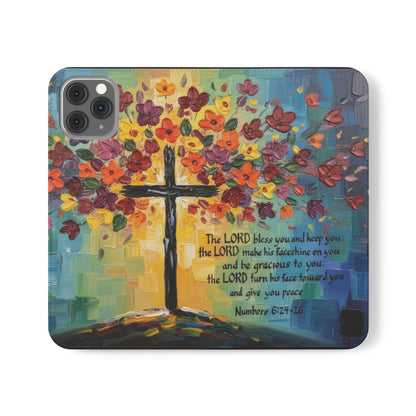 Inspirational Cross Scripture Flip Case – Christian Phone Wallet with Numbers 6:24–26, Faith Gift