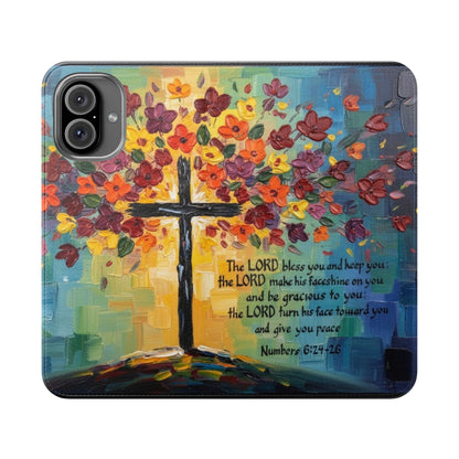 Inspirational Cross Scripture Flip Case – Christian Phone Wallet with Numbers 6:24–26, Faith Gift