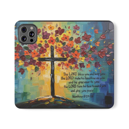 Inspirational Cross Scripture Flip Case – Christian Phone Wallet with Numbers 6:24–26, Faith Gift