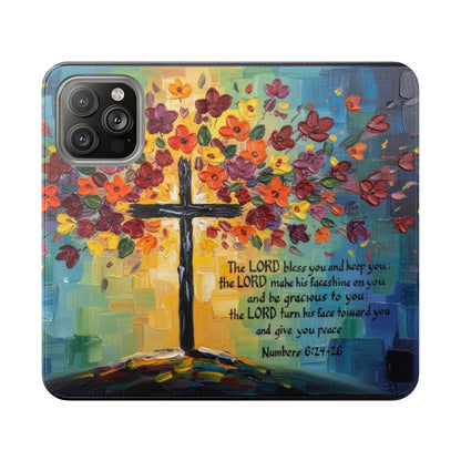Inspirational Cross Scripture Flip Case – Christian Phone Wallet with Numbers 6:24–26, Faith Gift