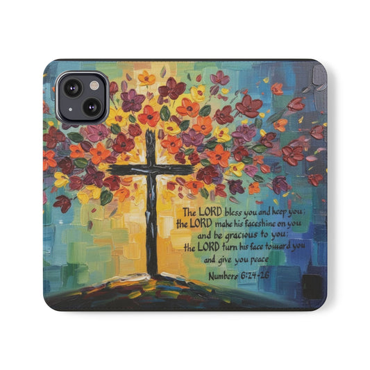 Inspirational Cross Scripture Flip Case – Christian Phone Wallet with Numbers 6:24–26, Faith Gift